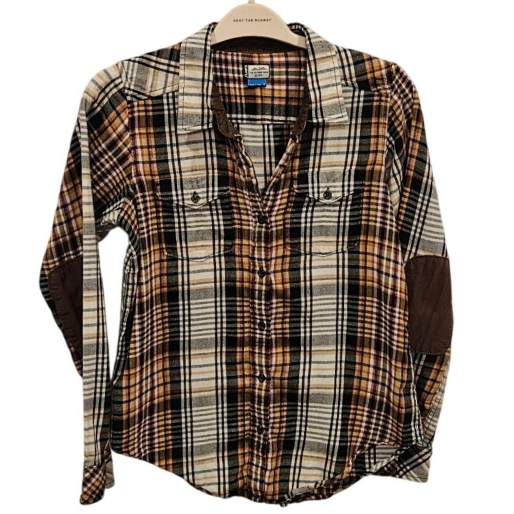 KAVU Plaid Flannel Shirt Women's Size Small Brown Cream Black Elbow Patches